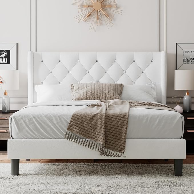 Feonase Full Size Bed Frame with Upholstered Wingback Headboard, Platform Bed and Heavy Duty Wooden Slats Support, Easy Assembly, Noise-Free, No Box Spring Needed, White