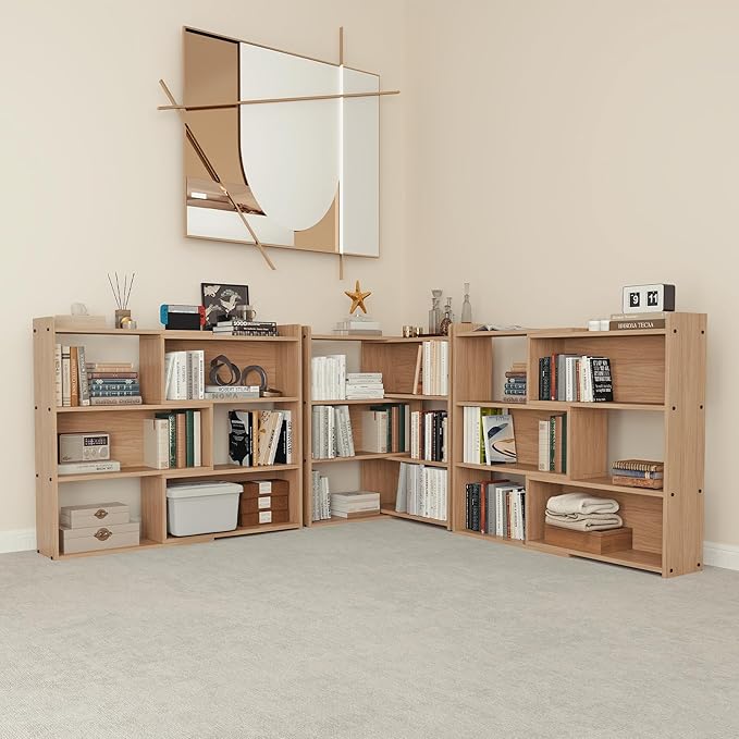 Open Shelf Low Bookcase,Wooden 4-Tier Floor Standing Expandable 25-47 inch Wide Bookcase,with Side Panels Frame for Home and Office