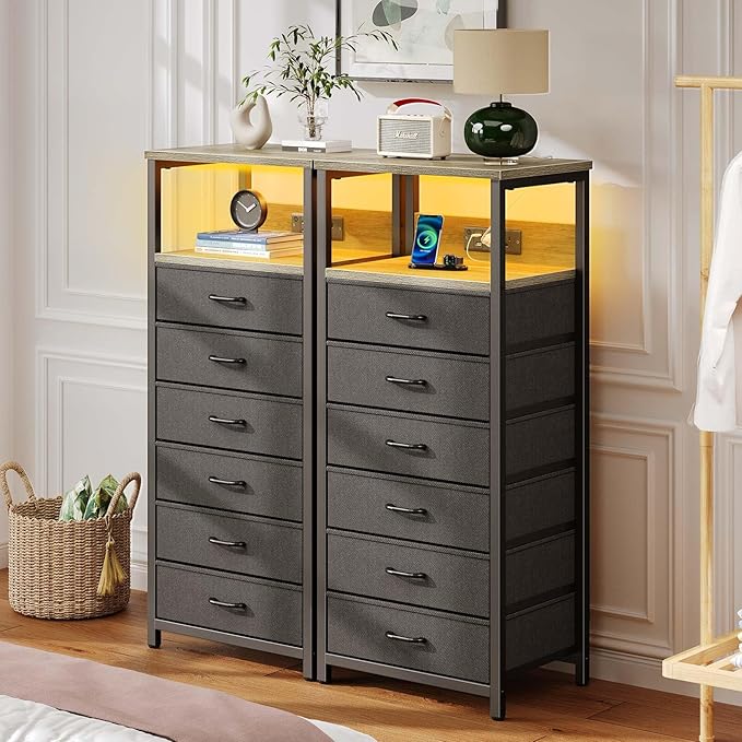 Seventable Night Stand with Charging Station, Tall Nightstand with 6 Fabric Storage Drawers, Side Table with LED Light for Bedroom, Entryway, Greige