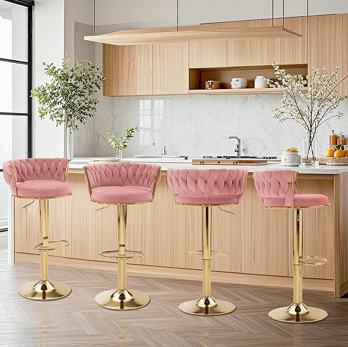 VECELO Bar Stools Set of 4, Adjustable Counter Height Barstools with Back & Arm Rest, Velvet Woven Kitchen Island Stools with Gold Metal Leg & Base, 360 Swivel, Pink