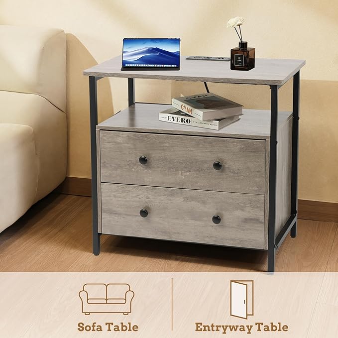 27 inch Wide Nightstand with Charging Station, Bedside Table with Open Shelf, 2 Drawers Small Wood Dresser, End Side Table for Bedroom (2 Pack,Rustic Gray)