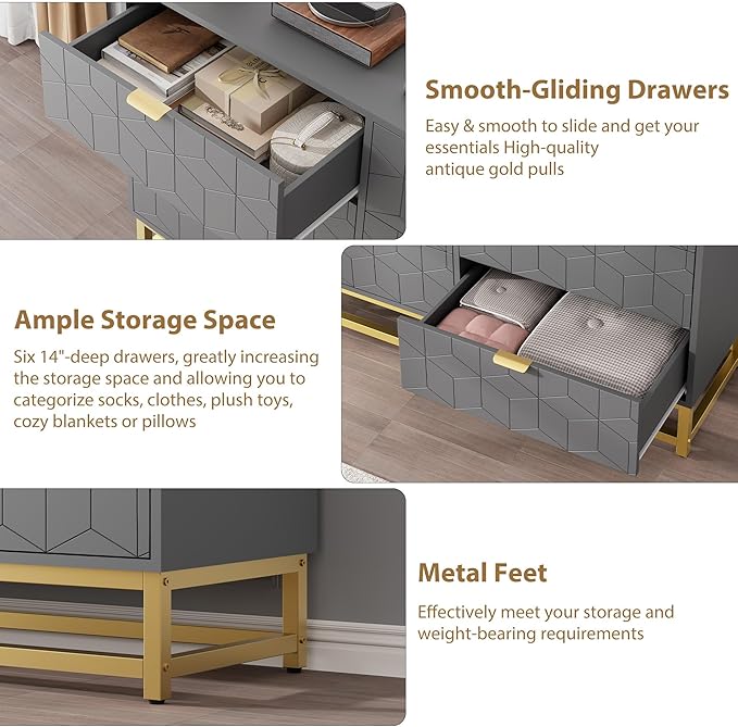 GAOMON Grey Dresser for Bedroom,Modern 6 Drawer Double Dresser with Gold Handles,Long Storage Organizer for TV Stand & Closet,Large Chest of Drawers for Living Room,Hallway,Entryway