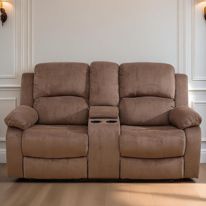 Loveseat Recliner Sofa, Reclining Loveseat Couch with Storage Console, Modern Comfy Home Theater Seating Power Recliner Chair with Cup Holders for Living Room Furniture Sets, Brown