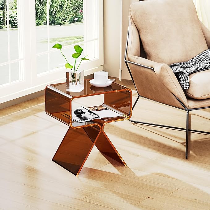 Acrylic Nightstand Side Table Modern Design Clear Home Decor Display End Table for Living Room (Dark Brown)