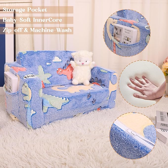 Kids Chairs for Toddler, 2 - in - 1 Toddler Soft Teddy Fleece Couch Featuring Glow - in - The - Dark Elements, Fold Out, Convertible Sofa to Lounger for Girls and Boys - Colorful Dinosaur