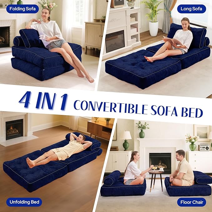 HABUTWAY Folding Sofa Bed, Convertible Sleeper Chair Bed w/Dual-Pillow & Handle, Foldable Floor Sofa Lounge w/Back Support for Living Room, Bedroom, Apartment, Office, Navy Blue