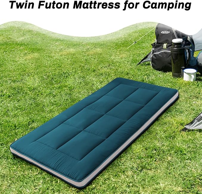 MAXYOYO Futon Mattress, Padded Japanese Floor Mattress Quilted Bed Mattress Topper, Extra Thick Folding Sleeping Pad Breathable Floor Lounger Guest Bed for Camping Couch, Bluestone, Twin Size