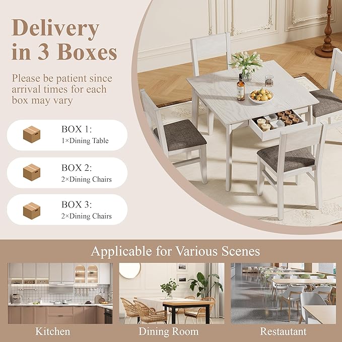 5-Piece Square Dining Table Set for 4, 38.2'' Solid Wood Kitchen Table with 4 Upholstered Chairs & 2 Drawers for Dining Room, Kitchen, Small Space, Washed Gray