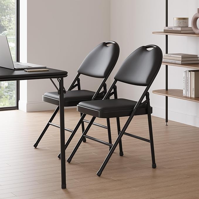 GarveeHome 4 Pack Folding Chairs with PU Leather Padded Cushion and Back, Metal Foldable Chair for Indoor Outdoor, Commercial Stackable Guest Chairs for Camping, Dining Room, Office, Party, Black
