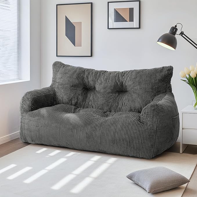 Pamapic Bean Bag Chair,2 Seat Loveseat Sofa,Ultra Soft Dutch Velvet,Fluffy Comfort Washable Cover,Corduroy Lazy Sofa Bed for Adults,Fit Living Room, Bedroom,Outdoor Spaces,Dark Grey