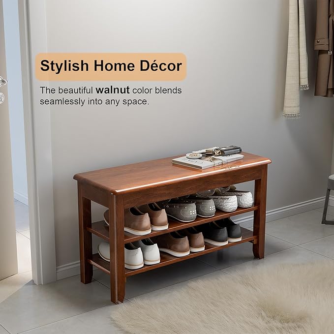 Shoe Storage Bench for Entryway - 3 Tier Shoe Rack for Front Door Entrance, Rubberwood Shoes Rack Height Adjustable, Entryway Bench with Shoes Storage for Any Room (Walnut, 31.5" W)