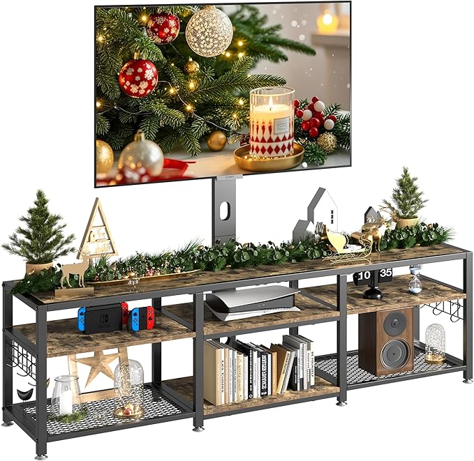 VECELO 71" TV Stand with Mount and Power Outlets, Entertainment Center with Open Storage Shelves, Height Adjustable Mount up to 80”, Wooden Table and Metal Frame for Living Room, Rustic Brown