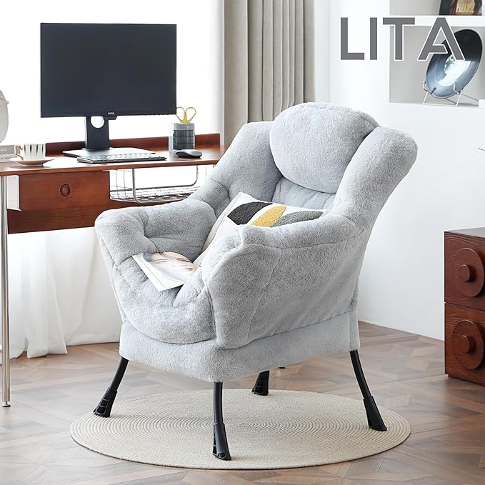 LITA Lazy Chair with Ottoman, Modern Accent Leisure Upholstered Sofa, Contemporary Lounge Reading Chair with Armrests and a Side Pocket for Living Room, Bedroom & Small Space, Single Plush Grey