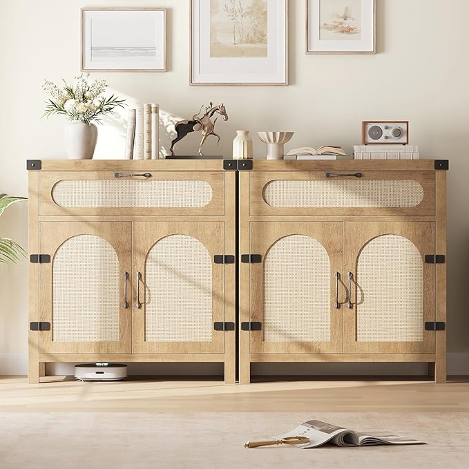 Garvee 29.9'' Small Rattan Buffet Cabinet with Storage, Kitchen Coffee Bar Cabinet with Doors and Drawer, Boho Farmhouse Sideboard with Adjustable Shelves and Handle for Living Room, Natural