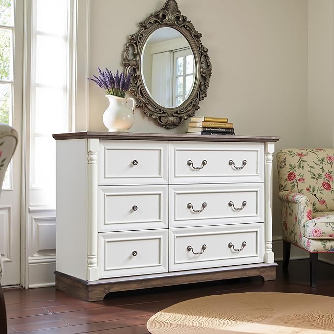 Farmhouse 6 Drawers Dresser for Bedroom, 47.24" Wide Wood Rustic Chest of Drawers with Roman Metal Handle, Tall Storage Dressers Organizer for Bedroom, Living Room, Hallway, Antique White