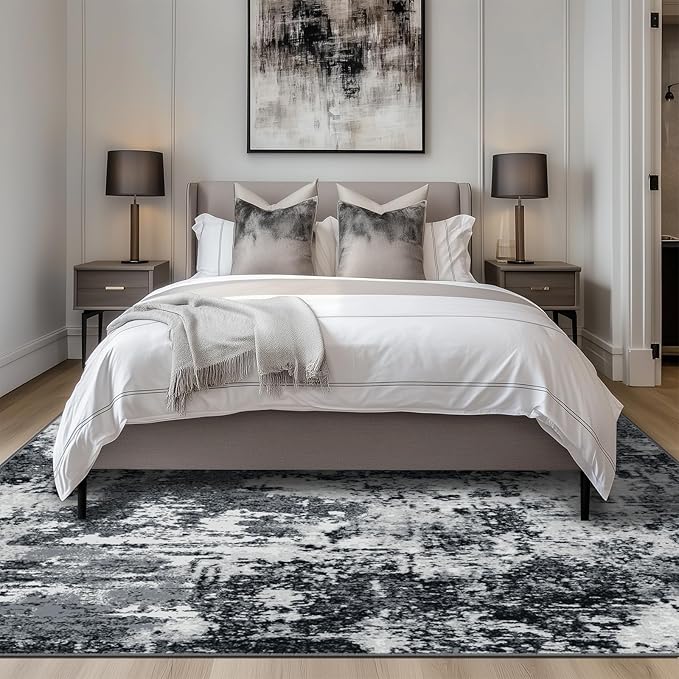 Washable Area Rugs 6'x9' Non-Slip Modern Abstract Soft for Living Room Entryway Bedroom Nursery, Print Pattern, Black Gray