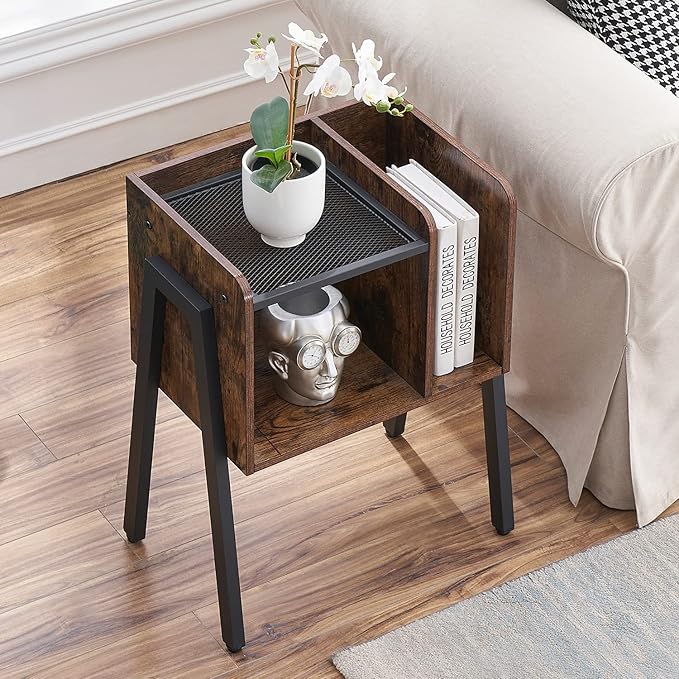 VECELO Nightstand Industrial End Table,Bedside Table with 2-Tier Open Storage Shelves,Wood Side Table with Metal Frame for Bedroom, Living Room,Small Spaces