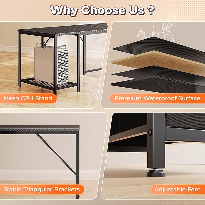 PRAISUN 66 Inch L Shaped Computer Desk with Power Outlets and LED Lights, Home Office Desk with Fabric Drawers and Print Stand, L Shape or Straight Set up, Monitor Stand, Carbon Fiber Black