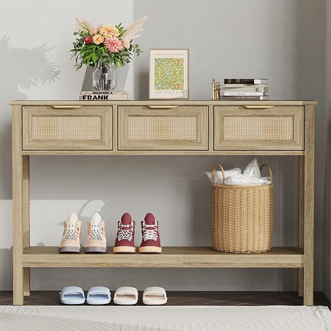 Entryway Table, Rattan Console Table with 3 Storage Drawers and Storage Shelf, Sofa Table with Socket, for Entryway, Living Room, Behind Couch and Hallway (Natural Wood)