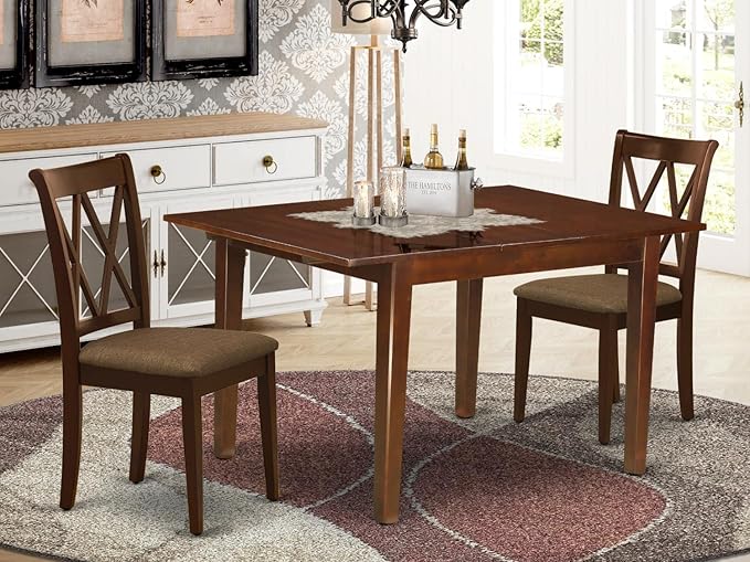 East West Furniture MLCL3-MAH-C 3 Piece Dining Room Furniture Set Contains a Rectangle Wooden Table with Butterfly Leaf and 2 Linen Fabric Kitchen Dining Chairs, 36x54 Inch, Mahogany