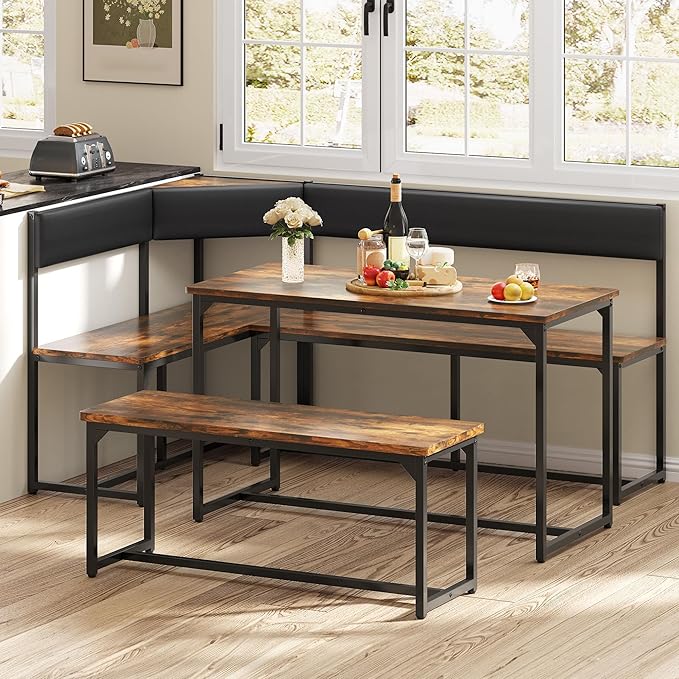 DWVO 3-Piece Dining Table Set for 4-6 People 47.2" Corner Dining Room Table with Left Seat Corner Bench and 43.3" Bench Brown Industrial Kitchen Table for Breakfast Nook Kitchen Living Room Restaurant