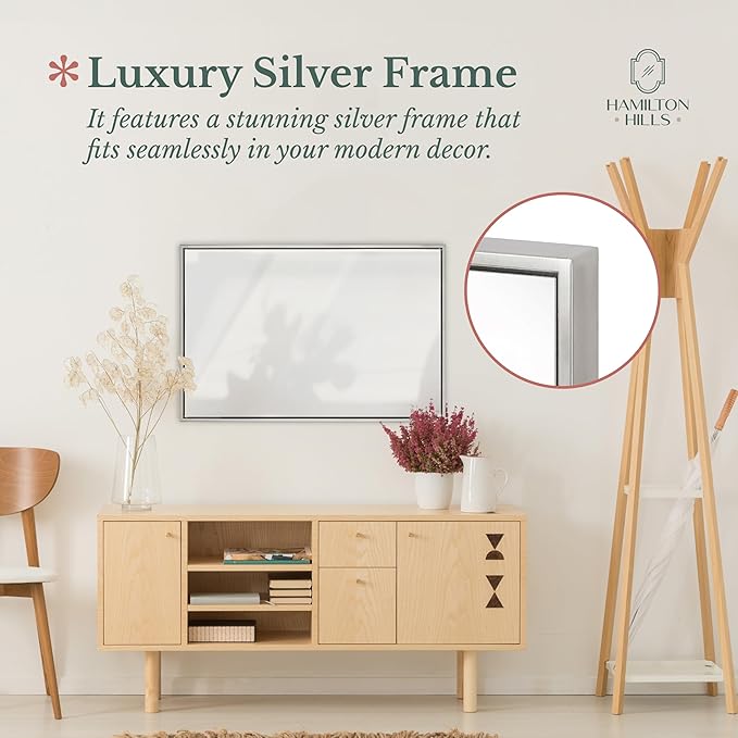 Hamilton Hills 24x36 inch Polished Silver Metal Framed Wall Mounted Mirror - Large Rectangular Wall Mirrors for Bathroom - 1/2 inch Floating Frame Vanity Nickel Glass - Hangs Horizontal or Vertical