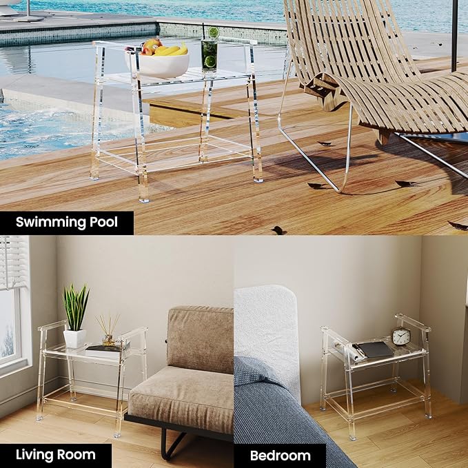 Acrylic Shower Chair with Arms - 23.62" Clear Shower Bench with Handle for Inside Shower Heavy Duty Shower Stool for Seniors Elderly Non-Slip Waterproof Indoor and Outdoor