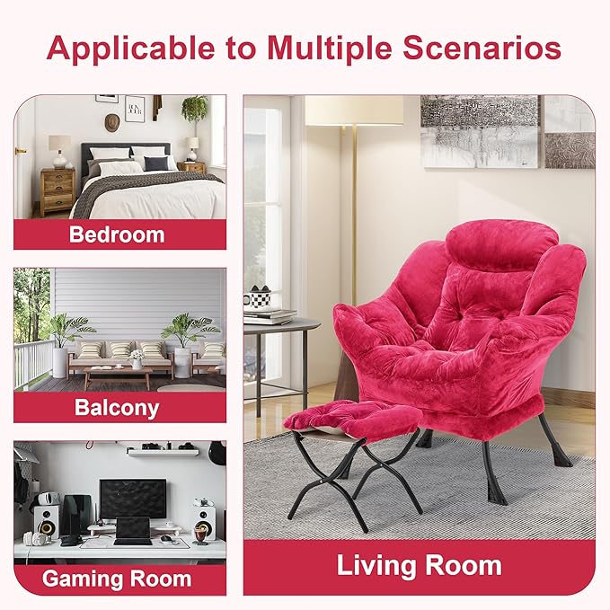 Fabric Lazy Chair with Ottoman, Oversized Upholstered Sofa Chair for Adults, Plush Comfy Lounge Chair with Large Side Storage Pocket, Reading Chair for Living Room, Bedroom, Office, Rose Red