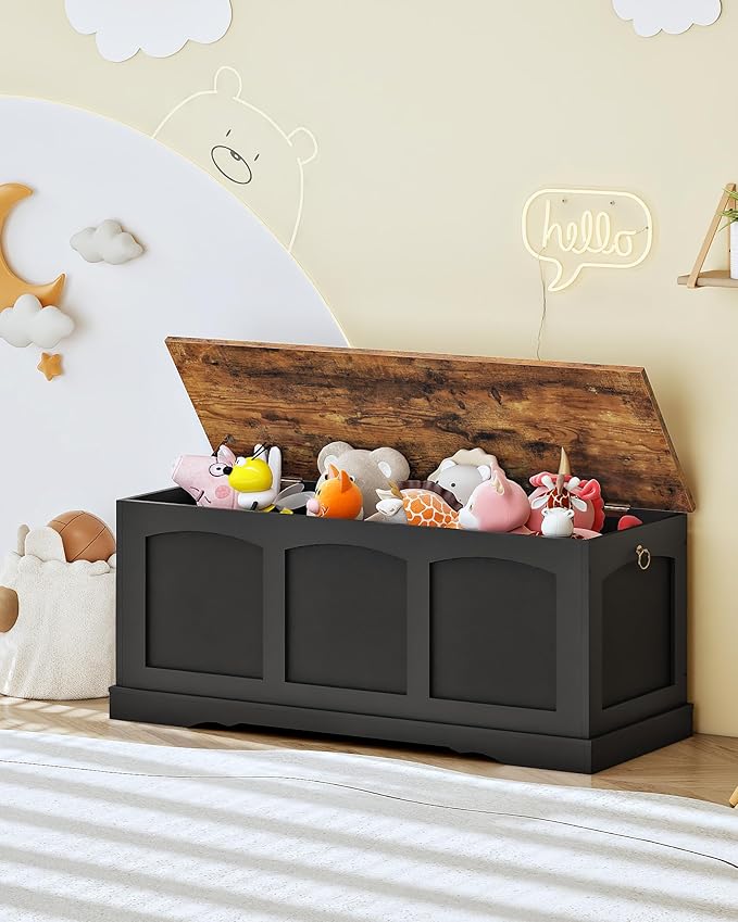 39.4" Storage Chest Bench with Lift Lid, Toy Chest with Safety Hinge, Entryway Shoe Bench, Wooden Storage Trunk, Holds up to 220 lb, for Living Room, Bedroom, Black and Rustic Brown MCW12BF