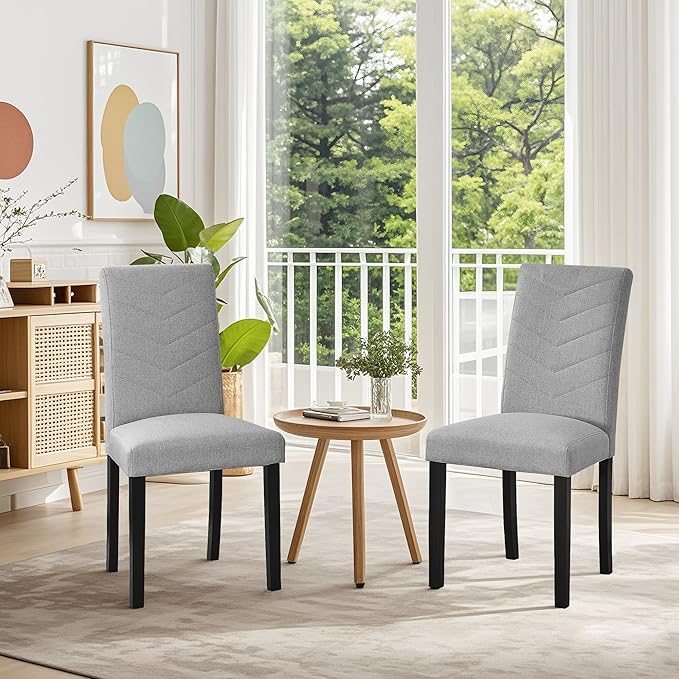 VECELO Upholstered Dining Chairs Set of 6, Fabric Wood Legs High Back for Kitchen Living Room, Light Gray