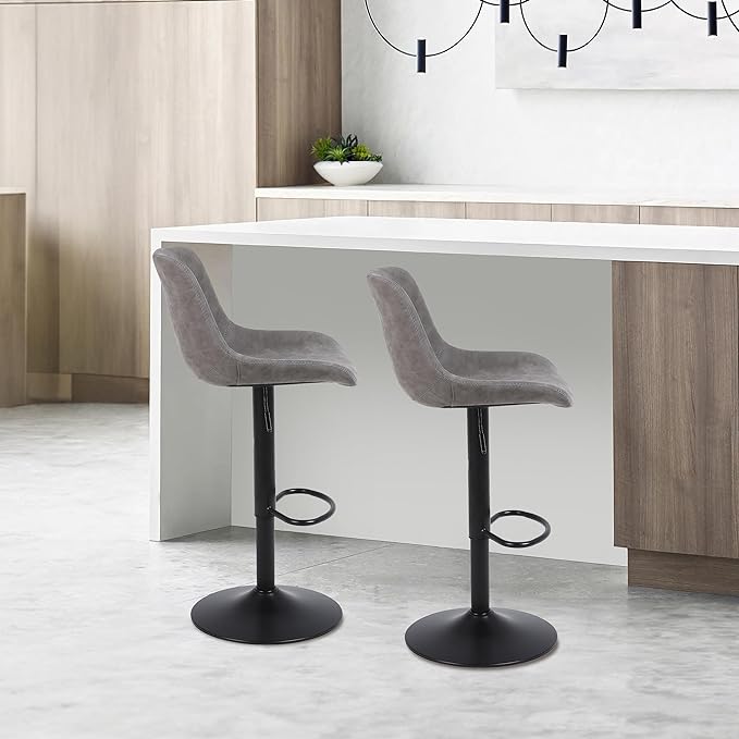 Bar Stools, Swivel Counter Height Barstools with Back, Adjustable Modern Bar Chairs, Tall Armless PU Leather Kitchen Island Stool (Grey, Set of 4)
