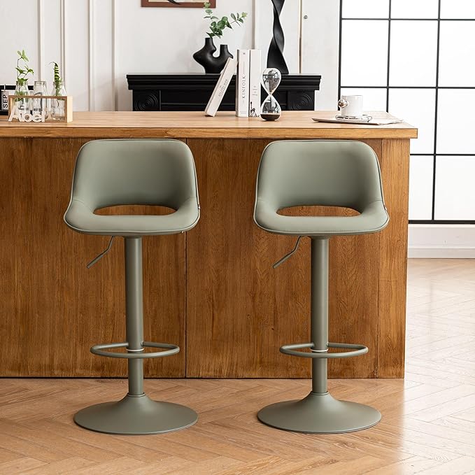 YOUNIKE Bar Stools Set of 2 Modern Swivel Barstools, Adjustable Counter Height Bar Stools Faux Leather Upholstered Counter Stools with Hollow Back for Kitchen Island, All Olive Green