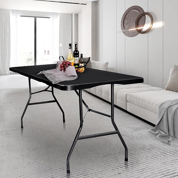 Folding Table 6ft Portable Heavy Duty Plastic Fold-in-Half 6 Foot Foldable Table Utility Dining Indoor Outdoor for Camping Picnic and Party, Black