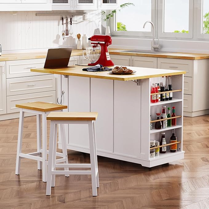 YOTPO 53" Large Kitchen Island with Drop Leaf,Power Outlet & Door Internal Storage Rack,Rolling Kitchen Cart on 5 Wheels W/ 5 Open Side Racks for Kitchen,Dining Room,White(Not Include bar stools)
