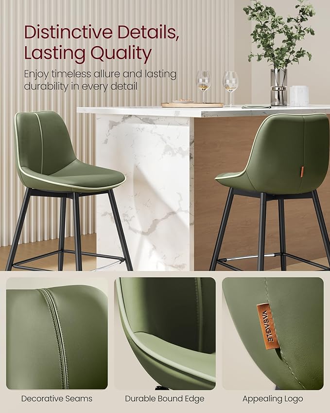 VASAGLE Bar Stools Set of 2, Counter Height Bar Stools with Back, Ergonomic Backrest, Synthetic Leather, Metal Legs, 24.4-Inch Tall Barstools for Kitchen Island Home Bar, Easy Assembly, Forest Green