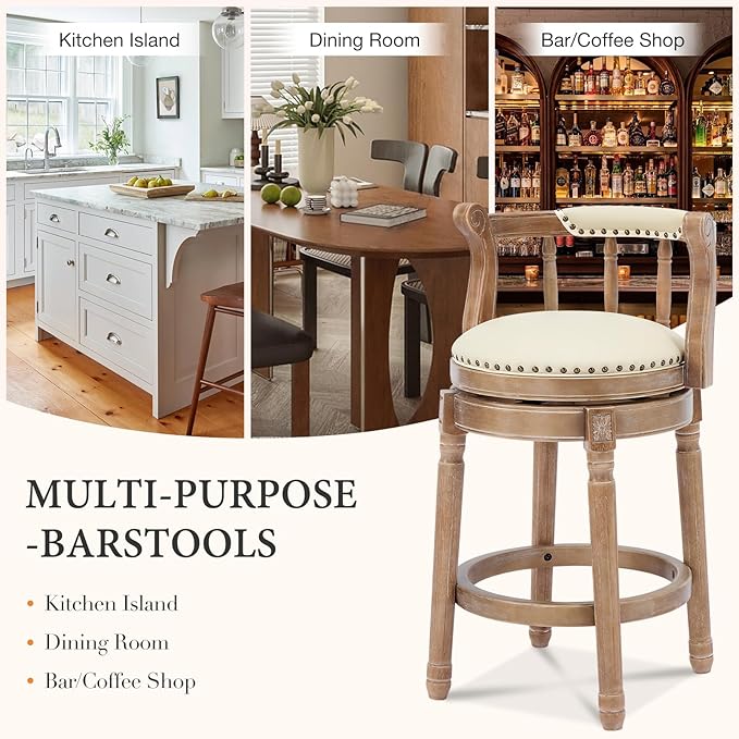 CozyRain Bar Stools Modern Swivel Barstools,Kitchen Counter Genuine Leather Upholstered Vintage Barstool for Home Kitchen Dining Room (Beige, Seat Height 26 in)