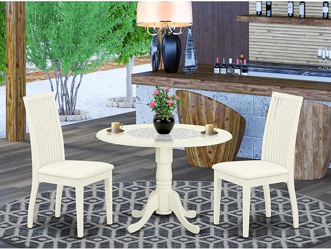 East West Furniture DLIP3-WHI-C 3 Piece Kitchen Table Set for Small Spaces Contains a Round Dining Table with Dropleaf and 2 Linen Fabric Dining Room Chairs, 42x42 Inch, Linen White