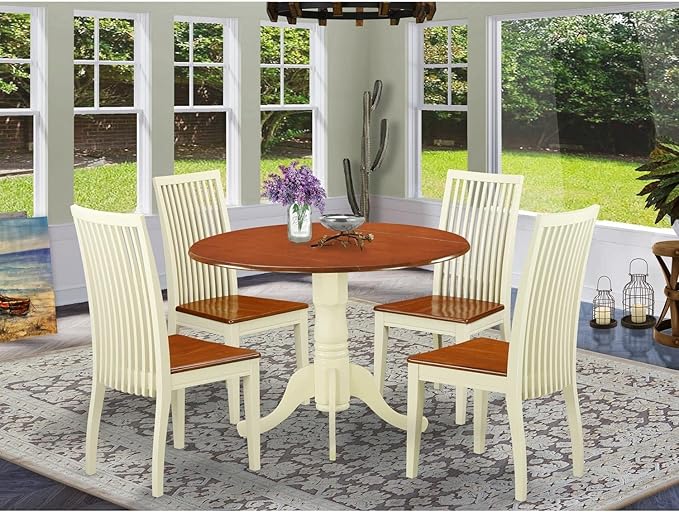 East West Furniture DLIP5-BMK-W 5 Piece Dining Room Table Set Includes a Round Kitchen Table with Dropleaf and 4 Dining Chairs, 42x42 Inch, Buttermilk & Cherry