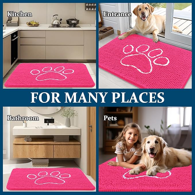 OLANLY Door Mat for Muddy Dog Paws 36x24, Ultra Absorbent Chenille Mud Doormat with Paw Print Design, Non-Slip Washable Doormat for Indoor Entryway, Quick-Dry Pet Bed Mats for Dirty Dogs, Hot Pink