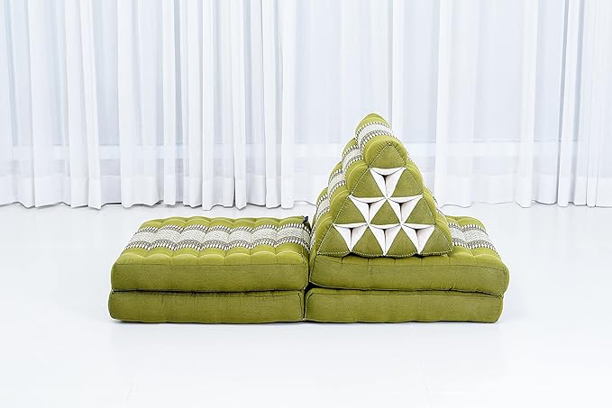 Leewadee Comfortable Japanese Floor Mattress - Thai Floor Bed with Triangle Cushion - Futon Mattress - XL Extra Long Thai Massage Mat, 89 x 20 inches, Green, Kapok Filling