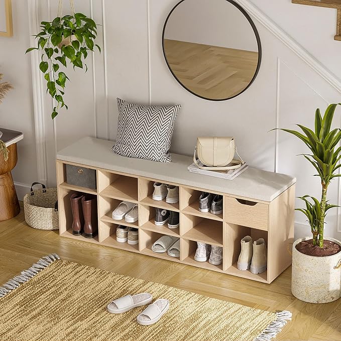 DINZI LVJ Shoe Bench, Entryway Storage Bench with Drawer and 14 Cubbies, Long Cubby Shoe Rack with Adjustable Shelves, Shoe Organizer for Living Room, Bedroom, Mudroom, Garage,Natural