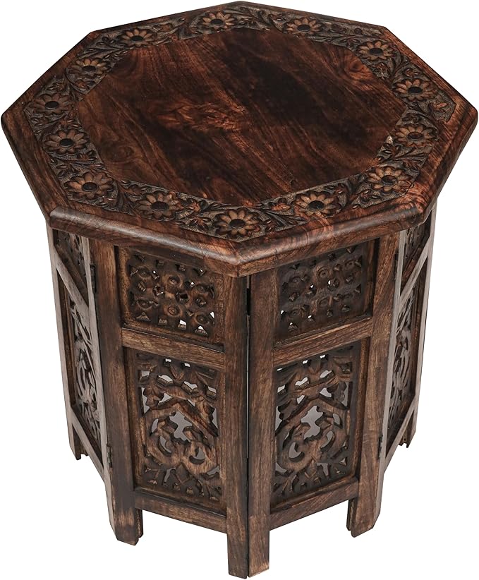 The Wooden Town End Tables for Living Room– Hand Carved Vintage Boho Folding Side Tables for Small Spaces, Entryway, Living Room, Bedroom – No Tools Assembly, 18"x18" Octagon, Scorch Burnt Finish