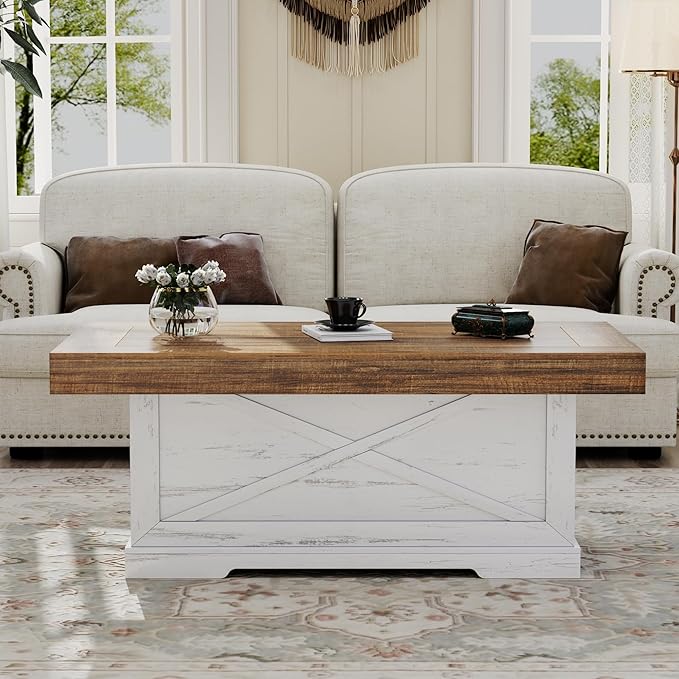 Coffee Table 39 in Farmhouse Center Table with X-Design Wooden Pedestal for Living Room, Space Saving, Easy Assembly Rectangle Home Office Tea Accent Table for Apartment, Antique White Walnut
