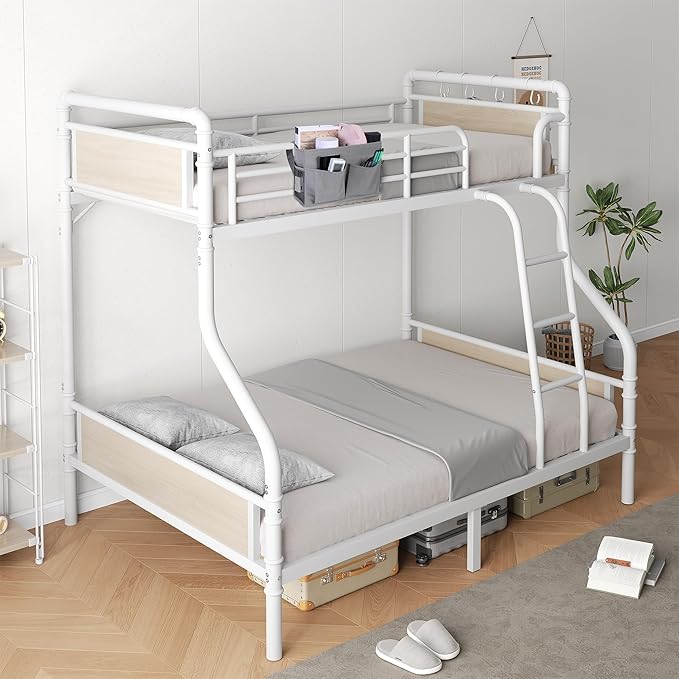 Metal Bunk Bed Twin Over Full, Industrial Bunkbeds Heavy Duty Bed with Safety Guard Rails and Space-Saving Design, Steel Bed for School, Bedroom (White)
