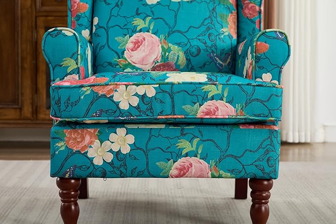 Ball & Cast Modern Accent Chair,Comfy Upholstered Armchair with Retro Wood Legs,Floral Design Single Sofa Chair,Living Room Furniture for Apartment,Bedroom,Office,Linen Fabric,Floral Cyan
