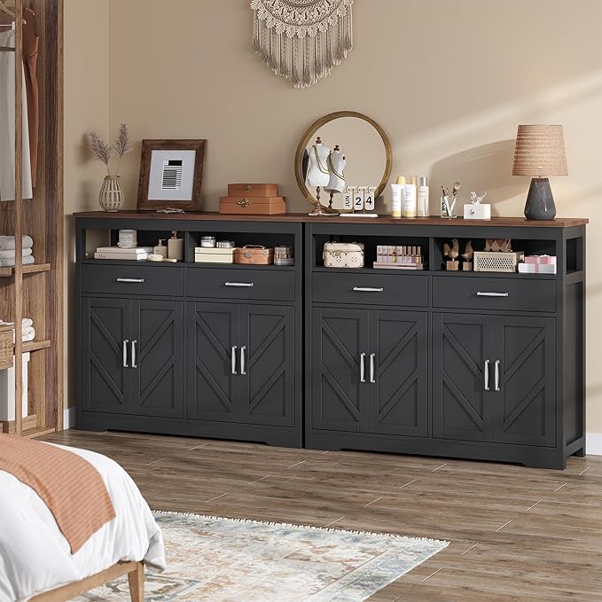 Buffet Sideboard with Storage Farmhouse with 4 Doors, 47'' Large Kitchen Storage Cabinet Wood Coffee Bar Cabinet Buffet Table with Shelves for Kitchen, Dining Room, Entryway