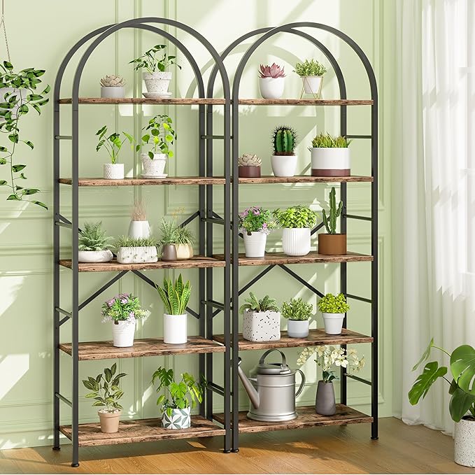 Shintenchi Bookshelf, Arched Bookshelf 5 Tier Bookcase, Tall Shelf for CDs/Books, Home Office Shelf Storage Organizer, Modern Book Shelf for Bedroom/Living Room, Rustic Brown