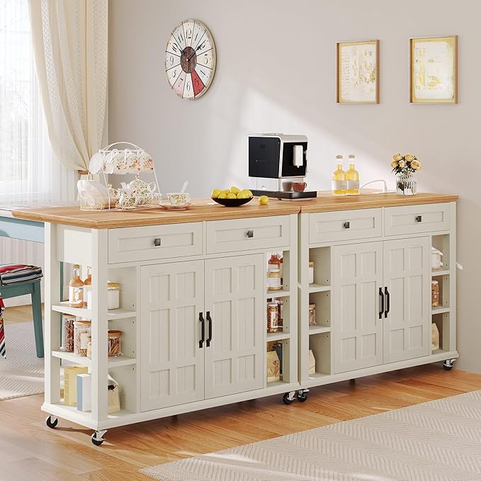 DWVO Rolling Kitchen Island with Drop Leaf, Mobile Storage Islands with Power Outlet Foldable Tabletop, 2 Drawers and Open Shelves, for Living Room, Dining Room, Off White