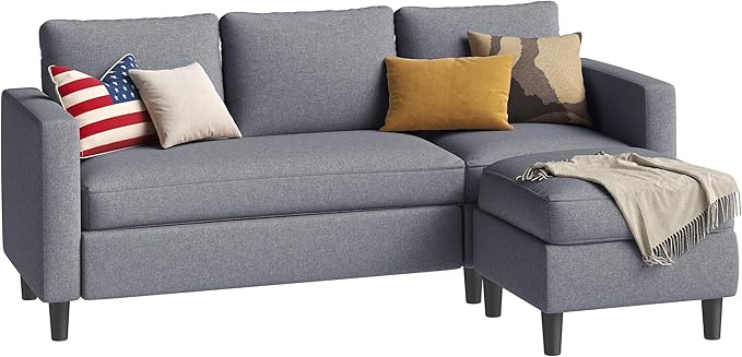 Small Sectional Sofa Couch, 3 Seat L Shaped Couches with Ottoman, Upholstered Fabric Convertible Sofa, Small Couch for Apartments, Living Room and Office (Dark Grey)