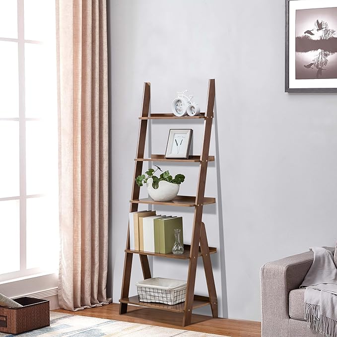 Maydear Bamboo Ladder Shelf Bookcase, 5-Tier Leaning Bookshelf Free Standing Organizer Storage Shelves for Living Room, Bedroom, Kitchen, Home Office, Balcony, Walnut